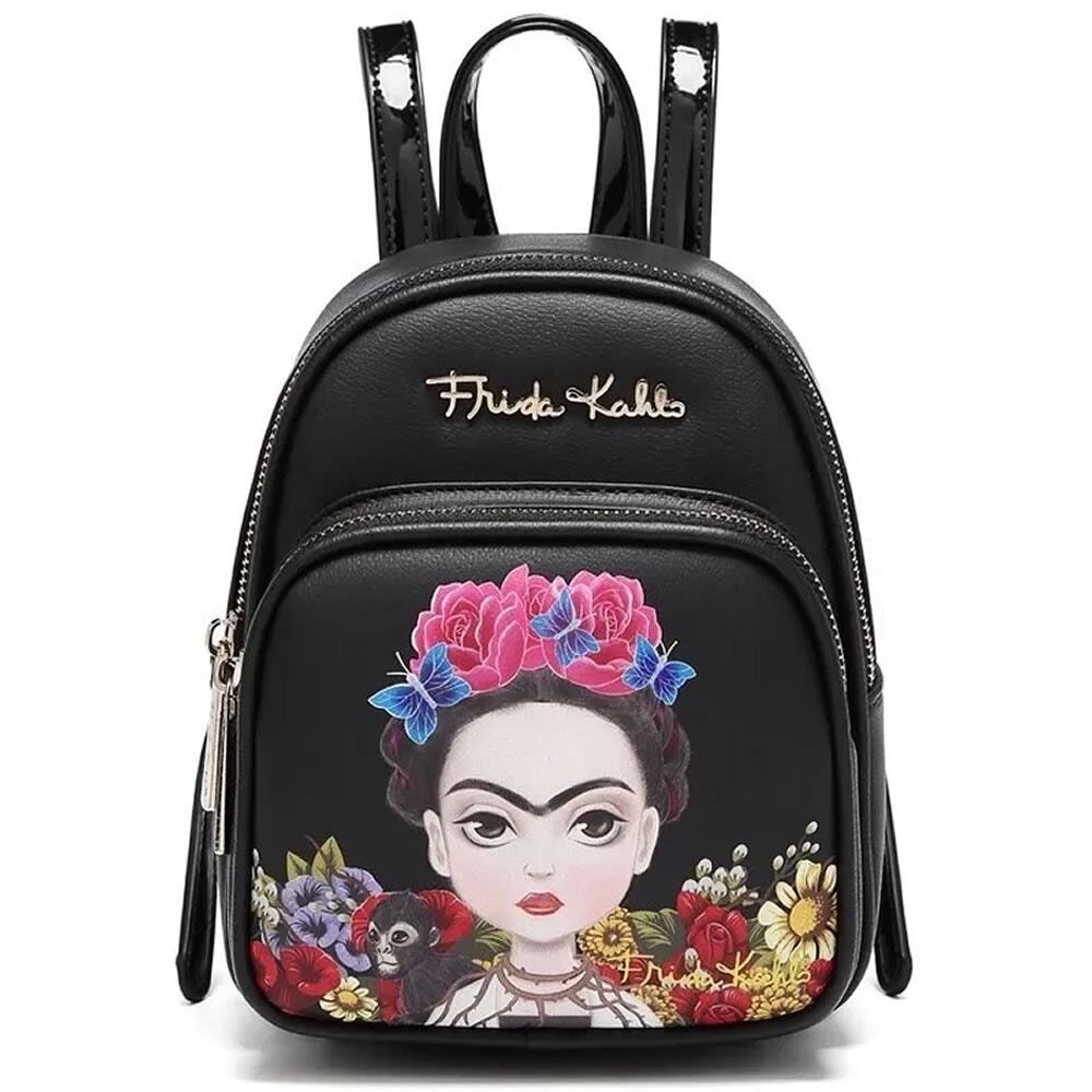 NWT Frida Kahlo Mini Backpack Black Vegan Leather Floral Portrait Bag w Dusty